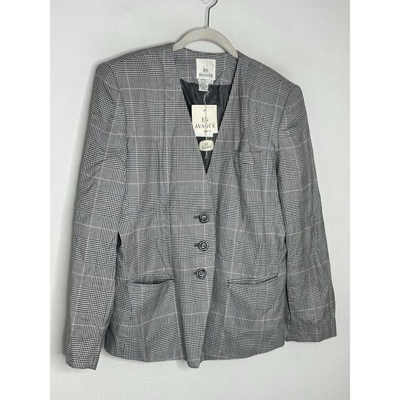 Vtg En Avance Women’s Button Houndstooth Gray V Neck Blazer Size 12 New - Picture 2 of 5